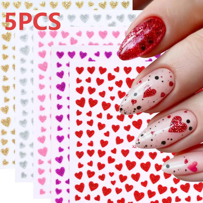 8pc 3D Mixed Color Heart Nail Stickers Valentines' Day Sweet Red Pink Love Selfadhesive Nail Decoration Decals Manicure Suppl