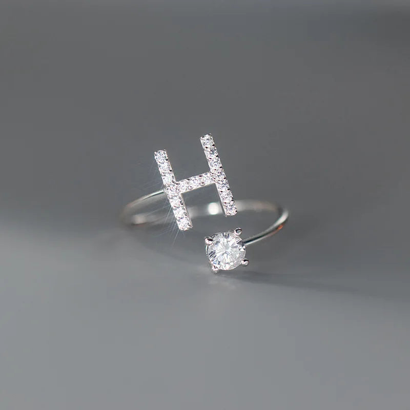 Zircon Initial A-Z Letter Ring For Women Metal Adjustable Opening Ring Name Alphabet Female Wedding Gift Anillos Mujer - H