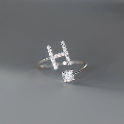 Zircon Initial A-Z Letter Ring For Women Metal Adjustable Opening Ring Name Alphabet Female Wedding Gift Anillos Mujer - H