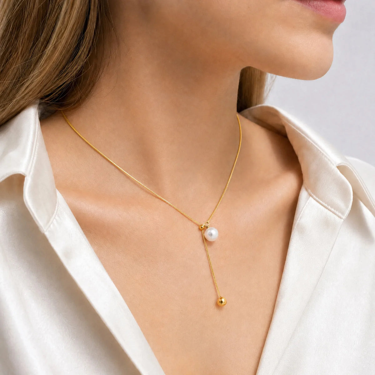 Pearl Lariat Necklace for Women, Gold Plated Stainless Steel Adjustable Slide Chain Y Necklace with Pearl Charm, Dainty Jewel