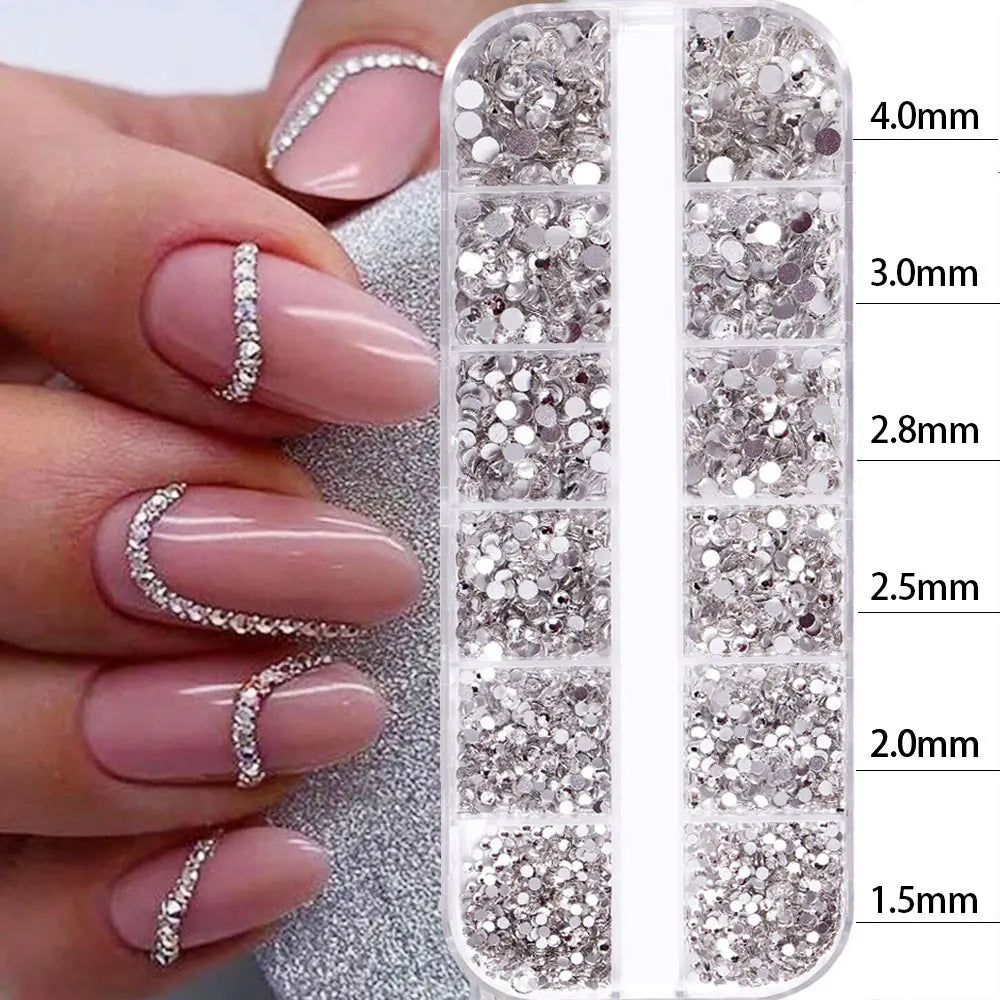 2400pcs+ Shiny Clear Crystal Gems Nail Rhinestones 1.5-4mm Mixed Round Glass Stone Flatback Nail Charms 12grids Nail Diamond 