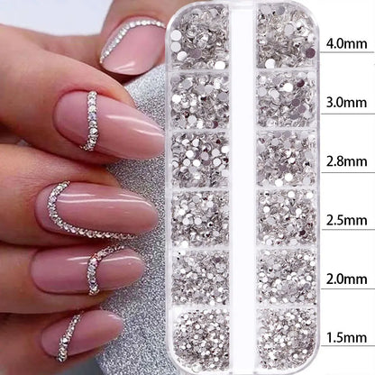 2400pcs+ Shiny Clear Crystal Gems Nail Rhinestones 1.5-4mm Mixed Round Glass Stone Flatback Nail Charms 12grids Nail Diamond 