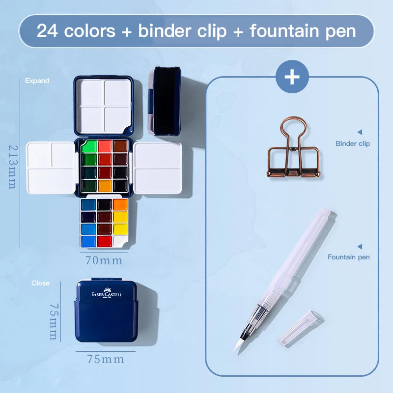 Faber Castell Semi-Dry Solid Watercolor Paints Set For Beginners Student Art Supplies Tin Box Portable 24 Colors Drawing Tool