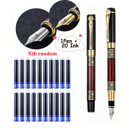 1-100Pcs/Set Retro Metal Fountain Pen Replaceable Ink Elegant Gift for Writing Stationery Office School Supplies - Brown-Blue