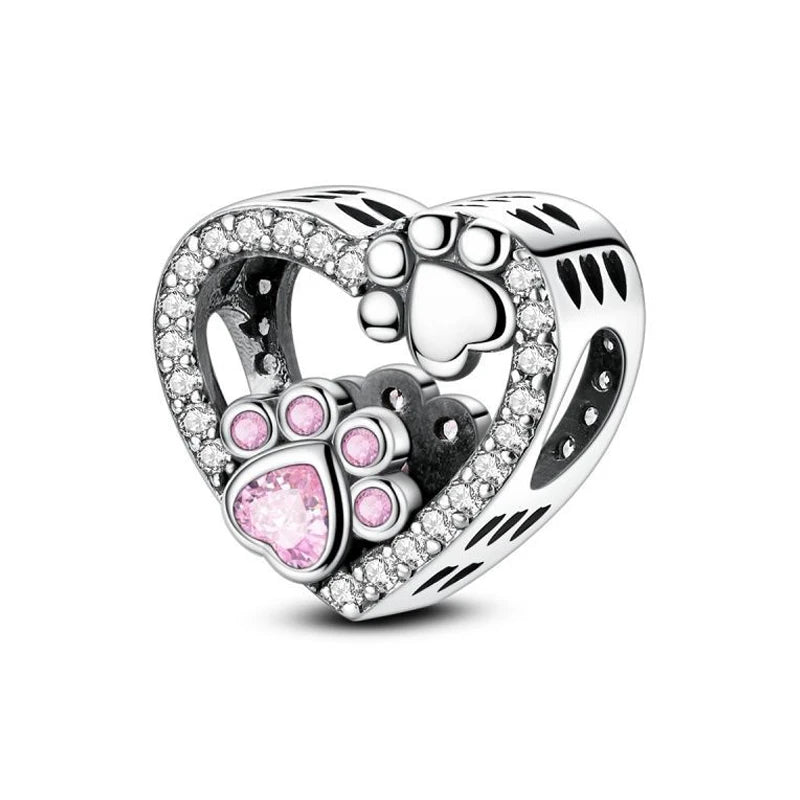 Original 925 Sterling Silver Charms Love Pets Dog Cat Paw Print Pendant Beads Fit Brand Bracelets Necklaces Women DIY Jewelry