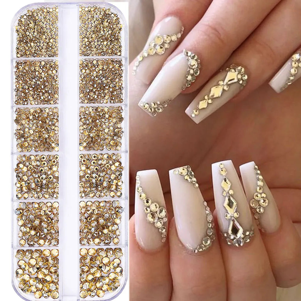 2400pcs+ Shiny Clear Crystal Gems Nail Rhinestones 1.5-4mm Mixed Round Glass Stone Flatback Nail Charms 12grids Nail Diamond 