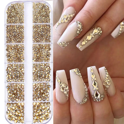 2400pcs+ Shiny Clear Crystal Gems Nail Rhinestones 1.5-4mm Mixed Round Glass Stone Flatback Nail Charms 12grids Nail Diamond 