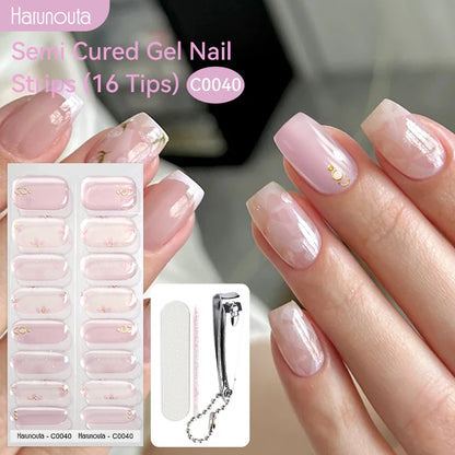 Harunouta 16strips Semi Cured Gel Nail Strips with Nail Clipper Set Self-Adhesive Glitter for Nails Work with UV/LED - Set 06