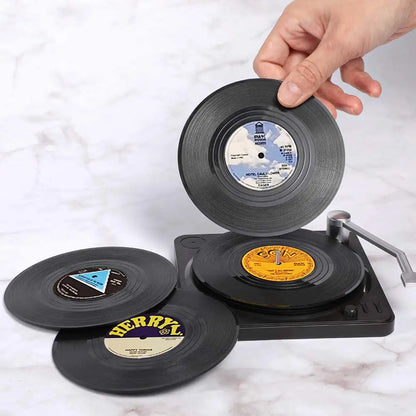 Set of 6 Vinyl Coasters for Drinks Music Coasters with Vinyl Record Player Holder Retro Record Disk Coaster Mug Pad Mat Creat