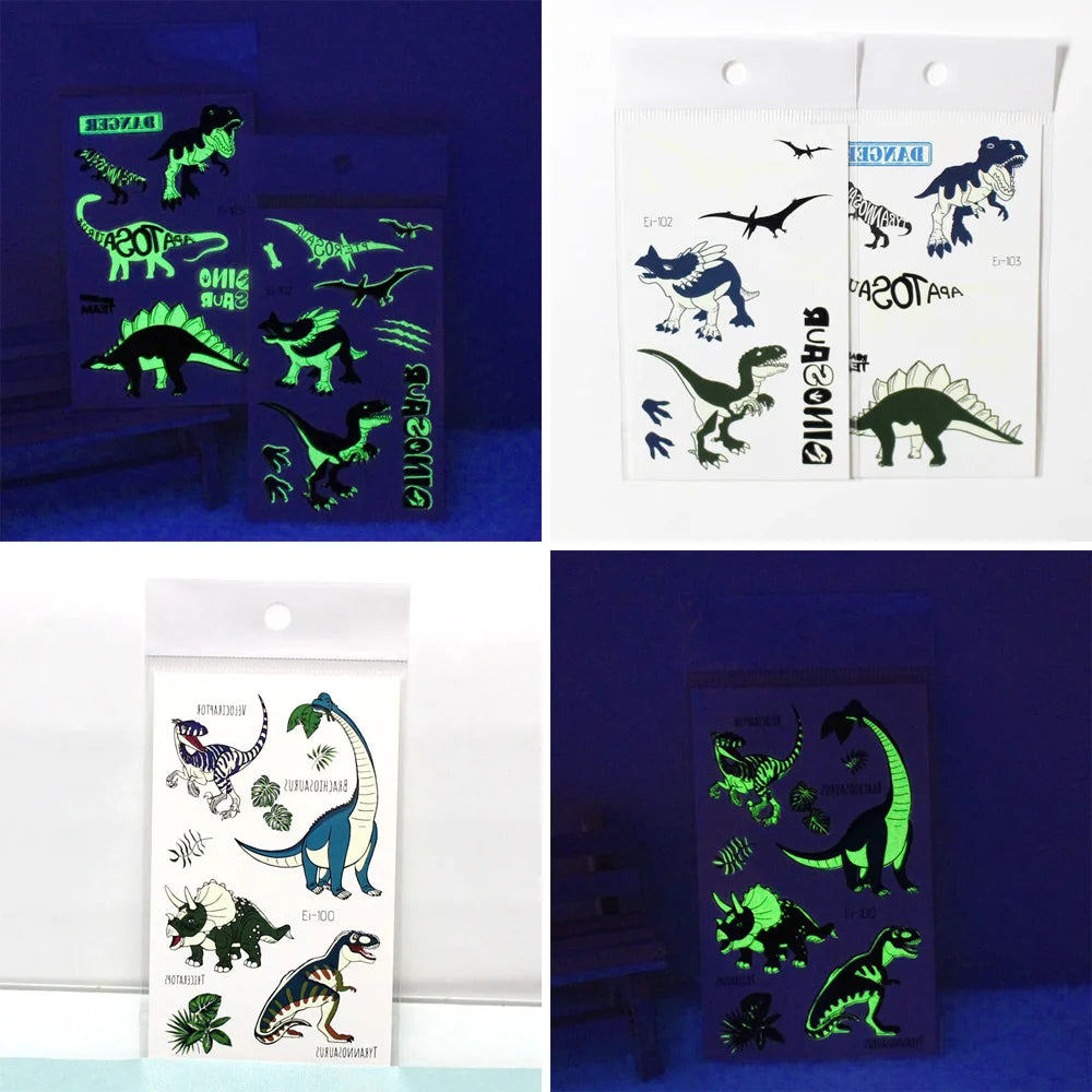 10 Sheets Luminous Dinosaur Temporary Tattoos, Waterproof Glow In The Dark T-Rex Pterosaur Velociraptor Triceratops Stegosaur