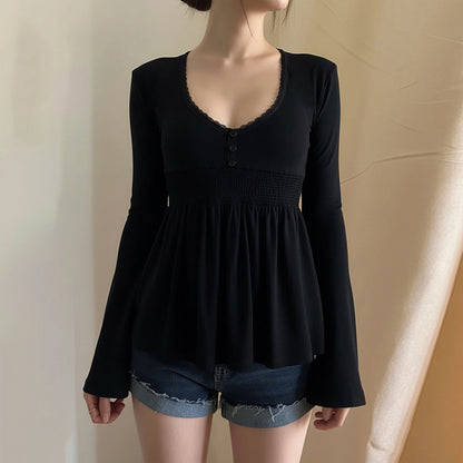 SUCHCUTE Women Solid Lace Trim Patchwork Button Flared Sleeves Shirt Casual V Neck Knit Top Y2k Aesthetic Fall Clothes Fairyc