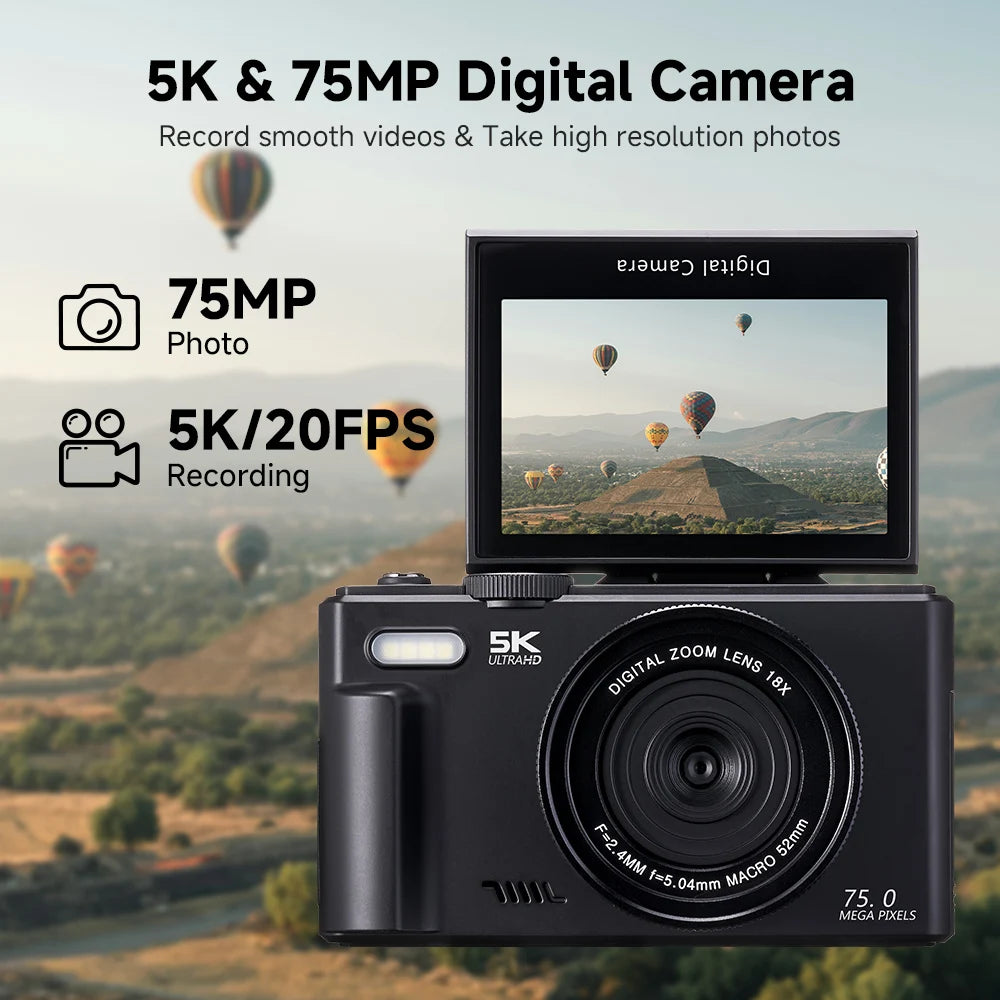 75MP Digital Camera for Photography 5K 18X Digital Zoom Vintage Vlog Video Recorder For YouTube 180° Flip Screen Selfile WiFi