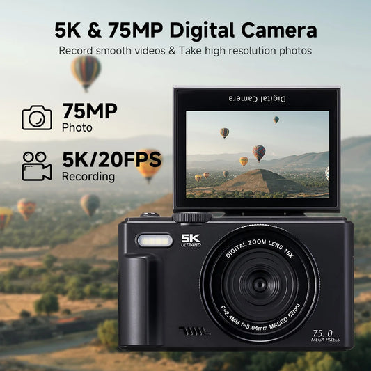 75MP Digital Camera for Photography 5K 18X Digital Zoom Vintage Vlog Video Recorder For YouTube 180° Flip Screen Selfile WiFi