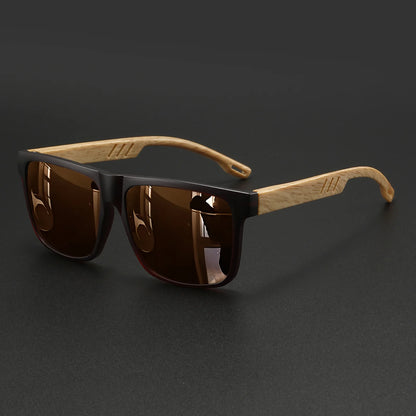 New Fashion Square Sunglasses - Wood Grain Spring Hinge, UV400 Unisex for Driving, Hiking & Travel - C8-brown