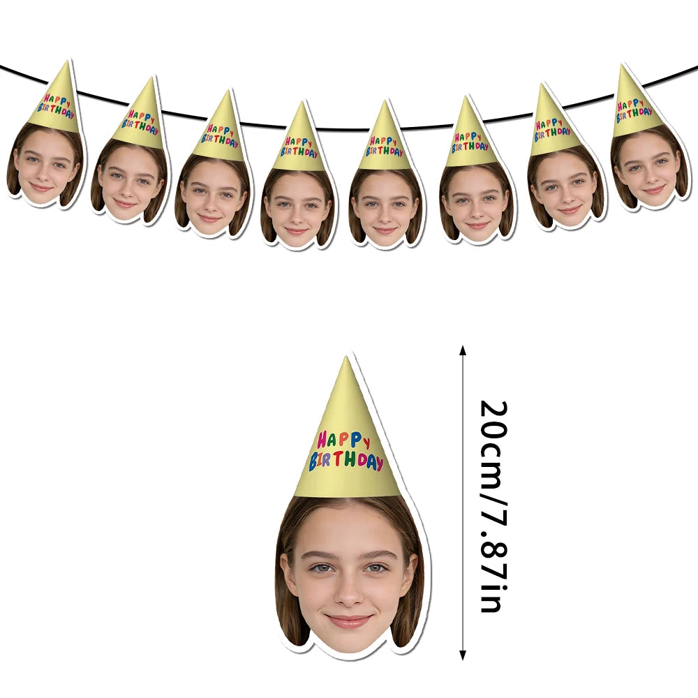 Custom Birthday Photo Banner Personalized Birthday Hat Pattern Bunting Banner for Happy Birthday Party Favors Birthday Banner