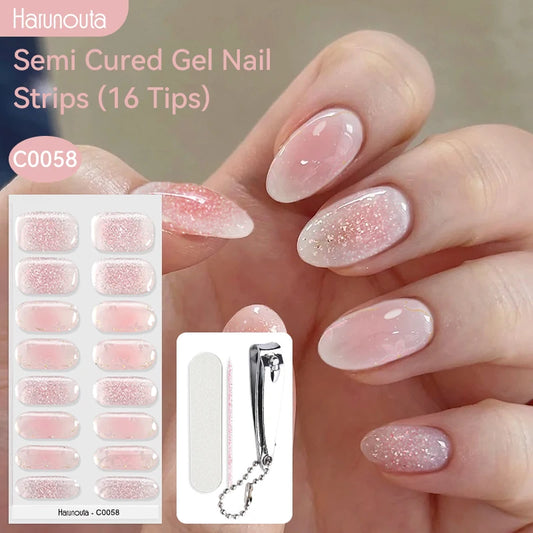 Harunouta 16strips Semi Cured Gel Nail Strips with Nail Clipper Set Self-Adhesive Glitter for Nails Work with UV/LED