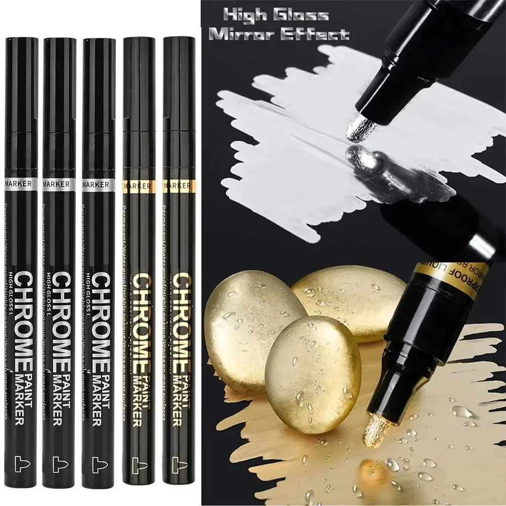 5/1pcs Chrome Pen Marker Mirror Waterproof Paint Repair For Rock Ceramic Glass Metallic Gold/Silver 2mm Nib - 3pcSilver -2pc 