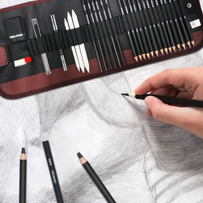 29Pcs Drawing Kit Sketching Pencils Set,Portable Pen Curtain-Charcoal Pencils, Sketch Pencils, Charcoal Stick,Sharpener,Erase