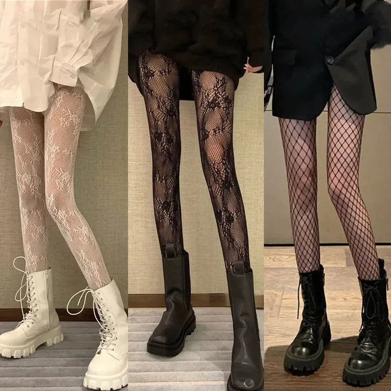 Classic Lolita Hollowed Out Lace Mesh Stockings Bottomed Pantyhose Hot Tights Japanese Lolita Retro Floral Rattan White Stock