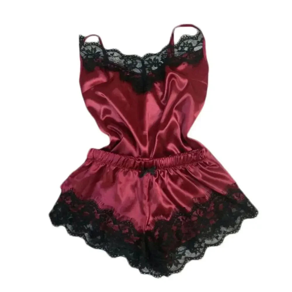 Lace Satin Pajama Set for Women Sleepwear V-Neck Stretch Sexy Lingerie Strap Vest Top Shorts Nightwear Pijamas - Red / M