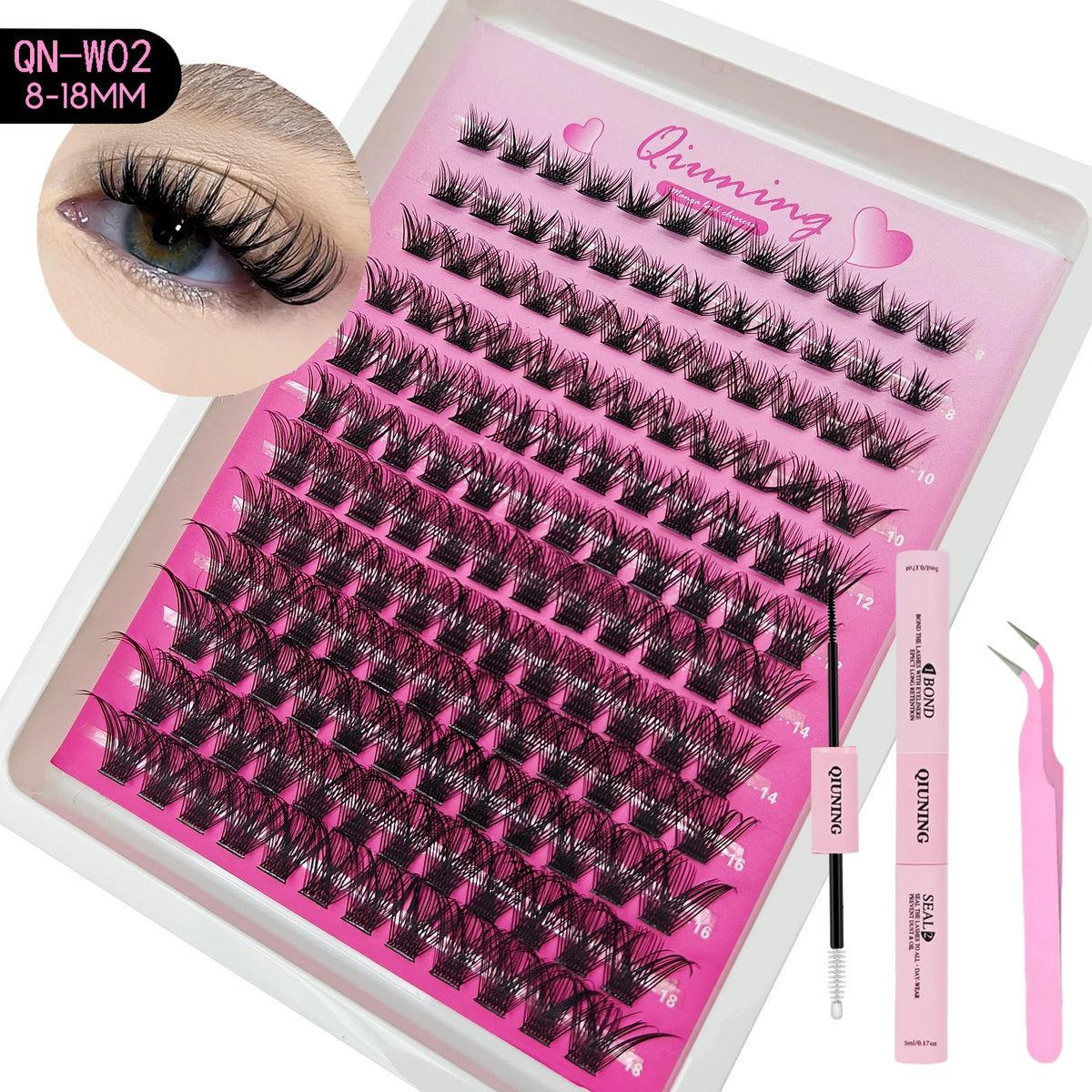 QIUNING Manga Lash Clusters Kit Cat Lashes with Lash Bond & Seal Cluster Eyelash Extensions Mixed Tray Eyelash Clusters Kit -