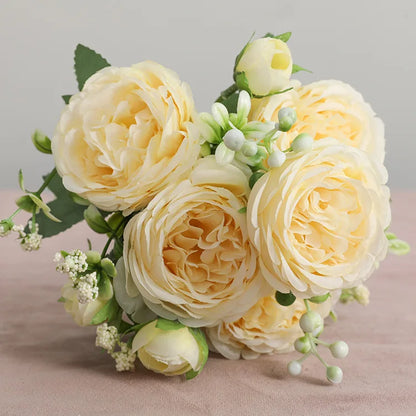1pcs/30cm Rose Pink Silk Bouquet Peony Artificial Flower 5 Big Head 4 Small Bud Bride Wedding Home Decoration Artifi - 10