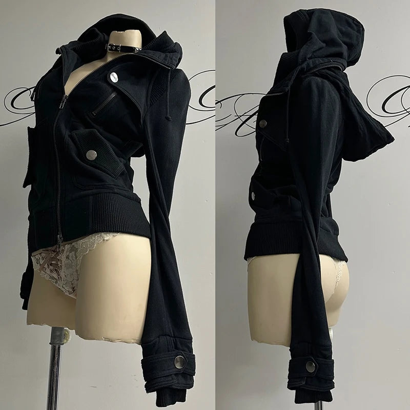 Goth Aesthetic Women Hoodie Harajuku Retro Y2K Emo Girl Fur Collar Cardigan Sweatshirt Rock Punk Hip Hop Casual Loose Streetw