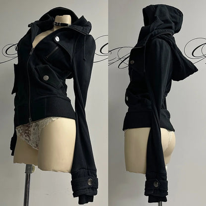 Goth Aesthetic Women Hoodie Harajuku Retro Y2K Emo Girl Fur Collar Cardigan Sweatshirt Rock Punk Hip Hop Casual Loose Streetw