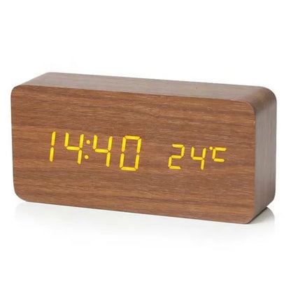 Wooden Digital Alarm Clock LED Table Clock with Temperature for Bedroom Office Desk Decorations - BROWN