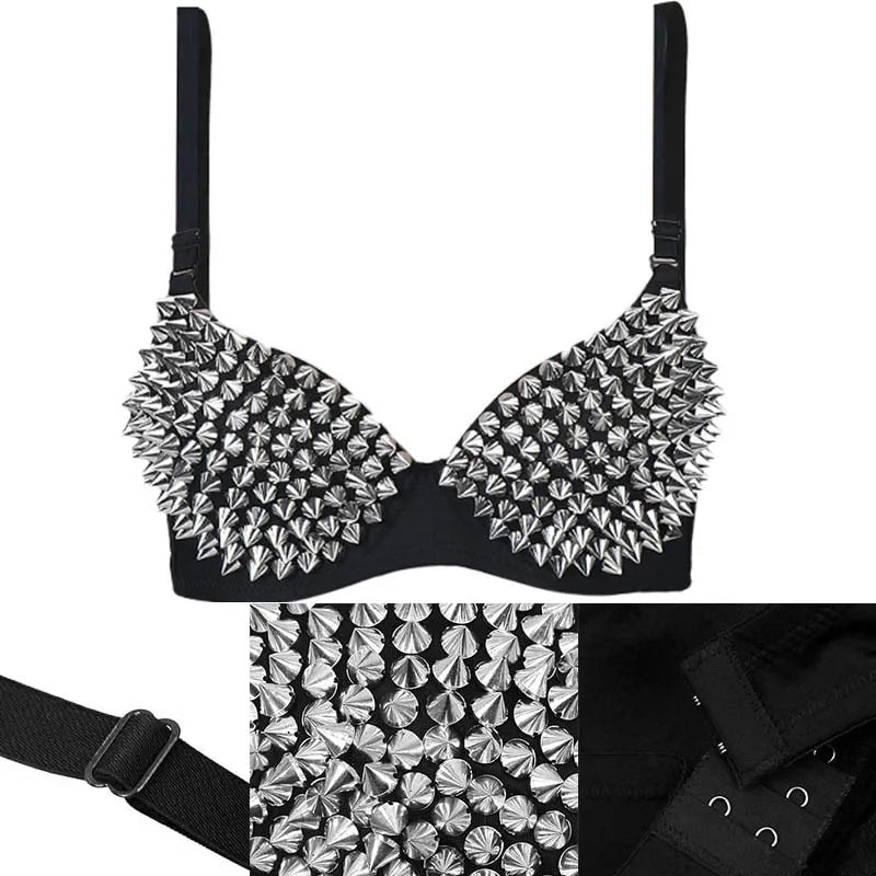 Sexy Rivets Punk Lingerie Underwear,Fashion Metallic Flash Rivet Bra with Wire Free for Women,Nightclub Party Bar Hot Bras