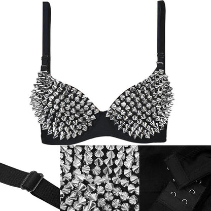 Sexy Rivets Punk Lingerie Underwear,Fashion Metallic Flash Rivet Bra with Wire Free for Women,Nightclub Party Bar Hot Bras