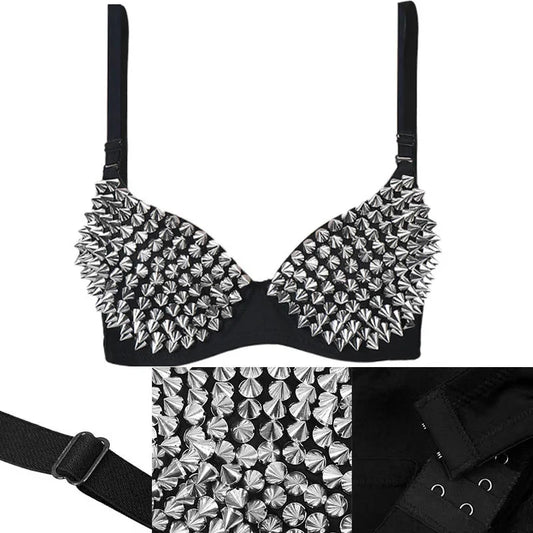 Sexy Rivets Punk Lingerie Underwear,Fashion Metallic Flash Rivet Bra with Wire Free for Women,Nightclub Party Bar Hot Bras