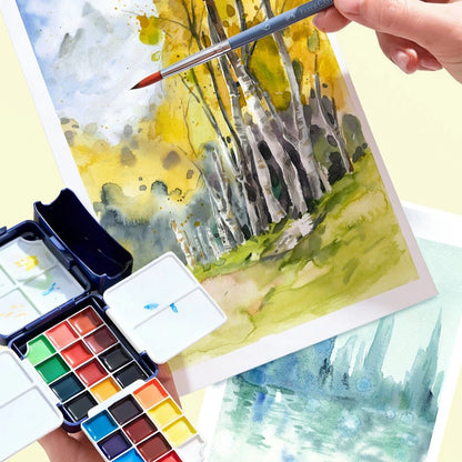 Faber Castell Semi-Dry Solid Watercolor Paints Set For Beginners Student Art Supplies Tin Box Portable 24 Colors Drawing Tool