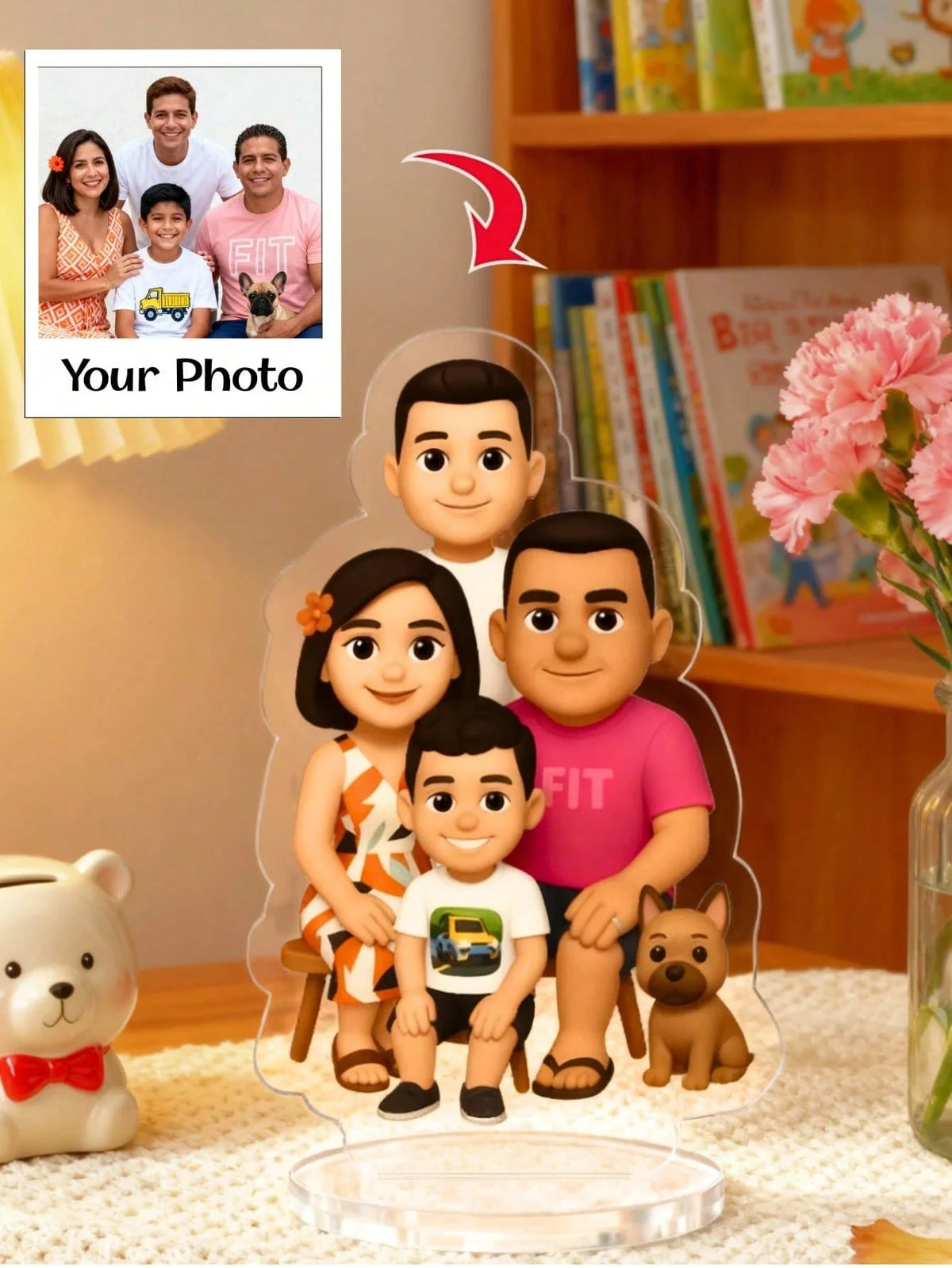 A custom acrylic desktop decoration with personalized photo options, including artistic images, couple portraits, and family 