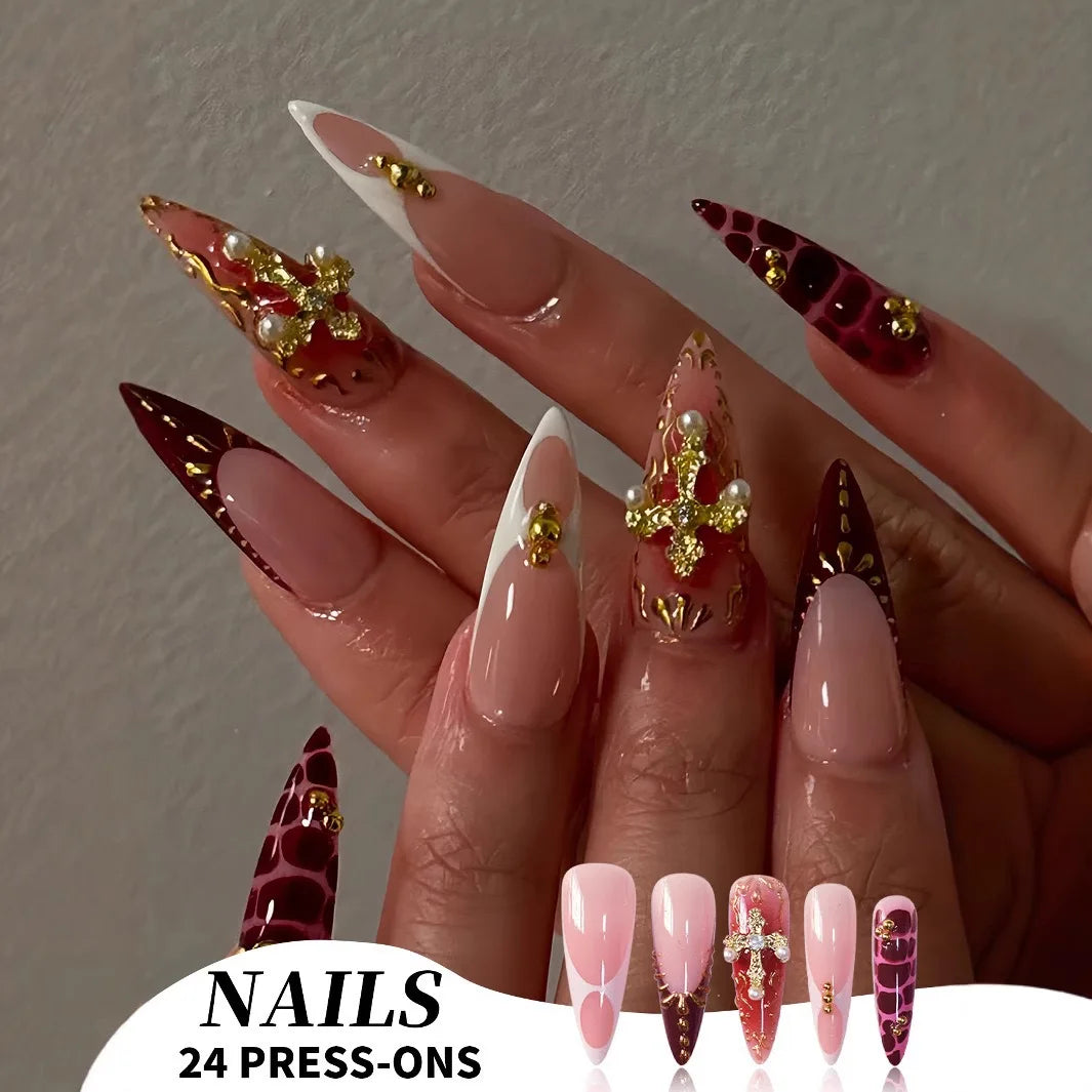 24pcs Long Almond Press on Nails False Nails with Golden Decoration Wearable Stick-on Nails Fake Nail Uñas Накладные Ногти 네일