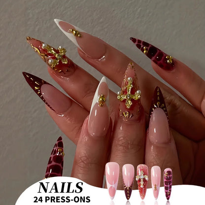 24pcs Long Almond Press on Nails False Nails with Golden Decoration Wearable Stick-on Nails Fake Nail Uñas Накладные Ногти 네일