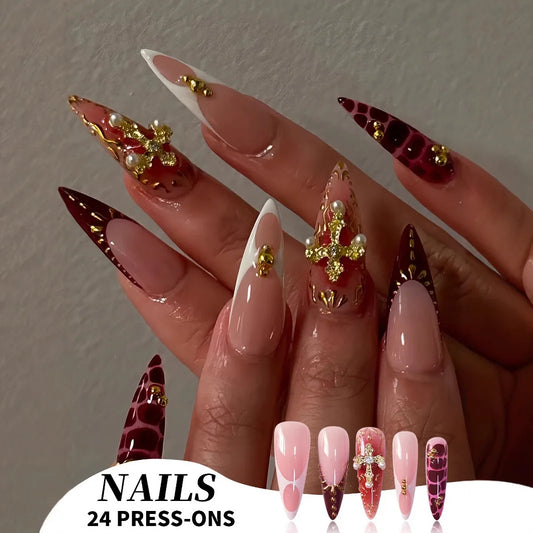 24pcs Long Almond Press on Nails False Nails with Golden Decoration Wearable Stick-on Nails Fake Nail Uñas Накладные Ногти 네일