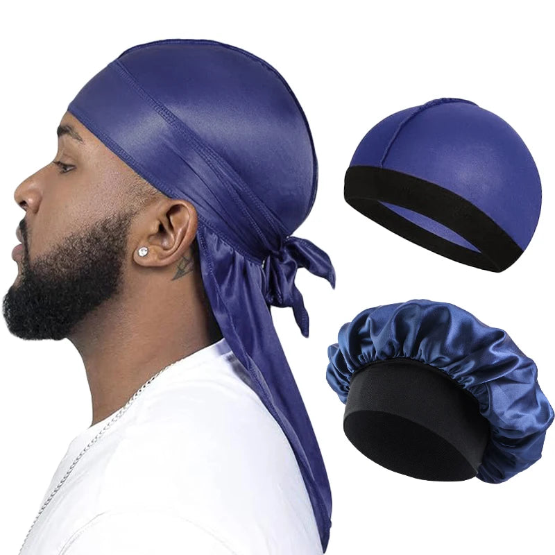 3PCS/LOT Men Silky Durag Long Tail Pirate Hat Headband Turban Dome Wave Cap Unisex Wig Cap Elastic Band Satin Bonnet - Navy b