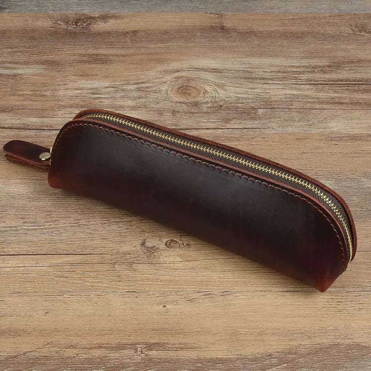 Vintage Leather Pencil Bag Simple Stationery Hoder Pen Case Storage Bag Zipper Pencil Pouch Glasses Box School Supplies - Cof