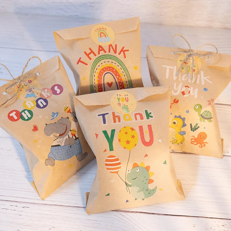 24Sets Thank You Kraft Paper Bags Cute Rainbow Dino Happy Birthday Gift Pouch Retro Flower Party Favor Bag Candy Cookie Suppl