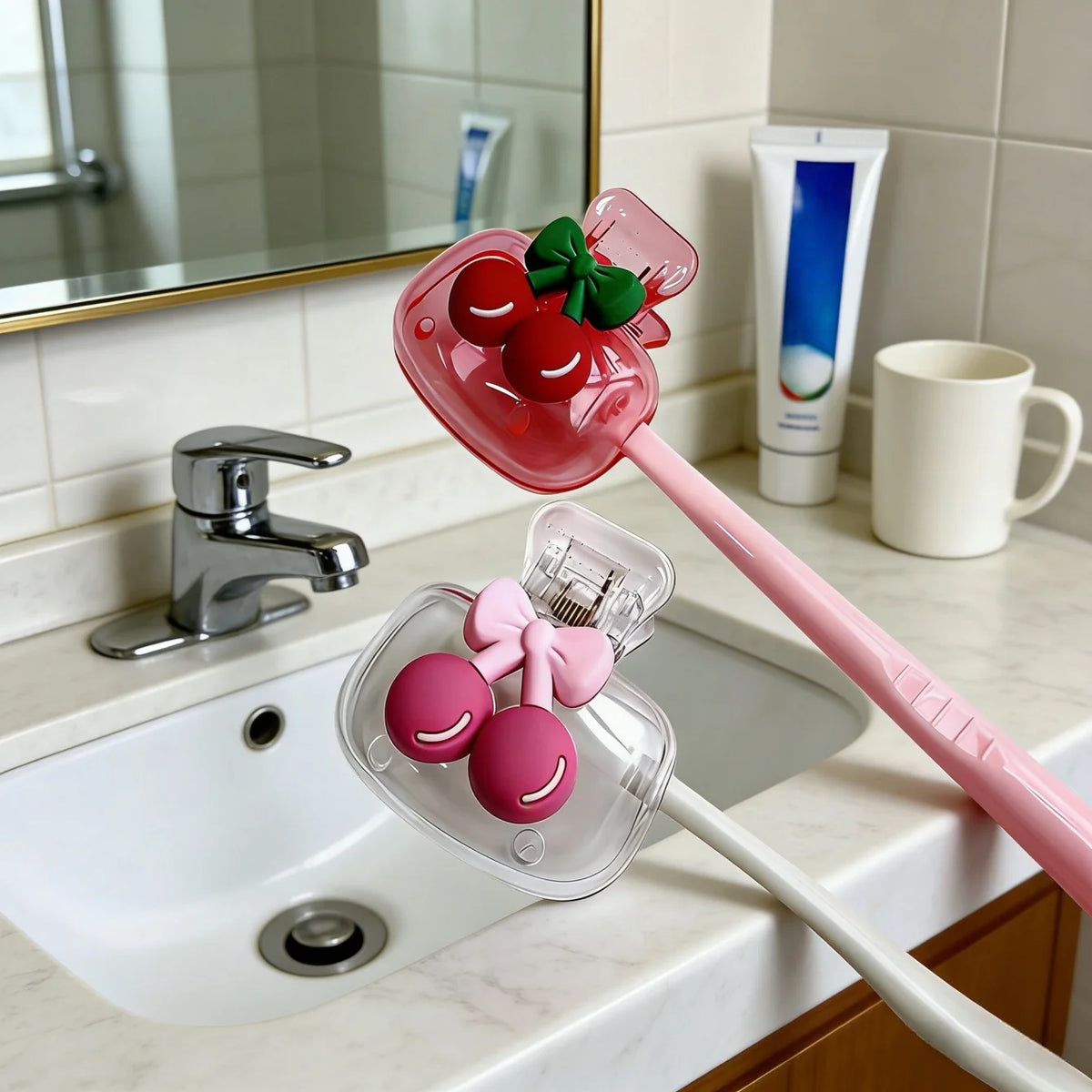 Cute Cherry Design Toothbrush Holder, Cherry Pattern, Protects Toothbrush Head, Features Dual Holes for Drainage and Ventilat