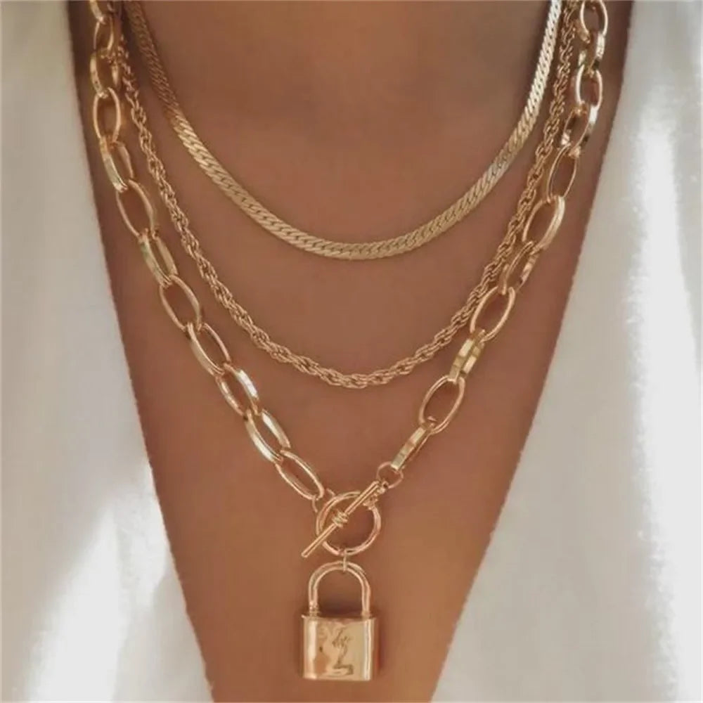 Vintage Punk Gold-plate Thick Chain Head Portrait Coin Pendant Necklace For Women Fashion Multilevel Geometric Hip Hop Jewelr