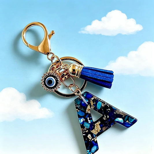Blue Resin Initial Keychain - Evil Eye Letter Charm with Rhinestones & Tassel, Stylish Gift for Women, Lobster Clasp Accessor