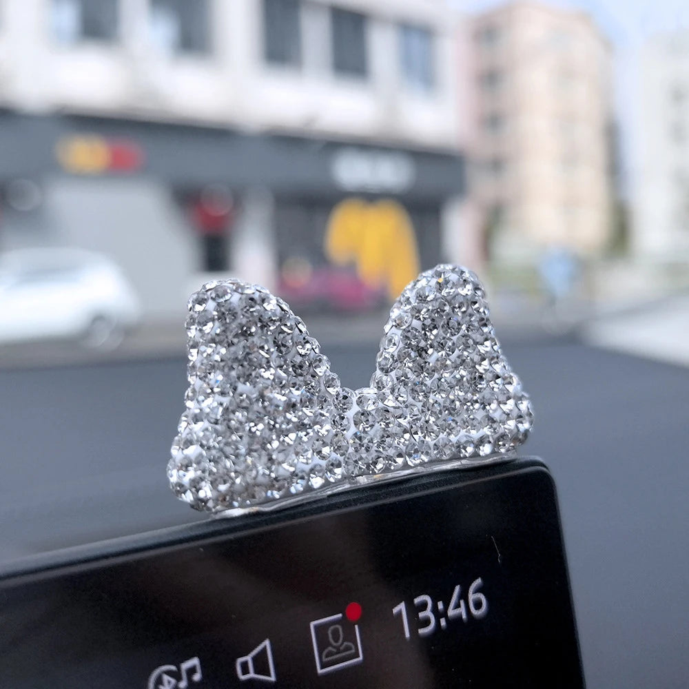 Computer Display Screen Decorative Diamond Bow Car Display Central Control Mini - White
