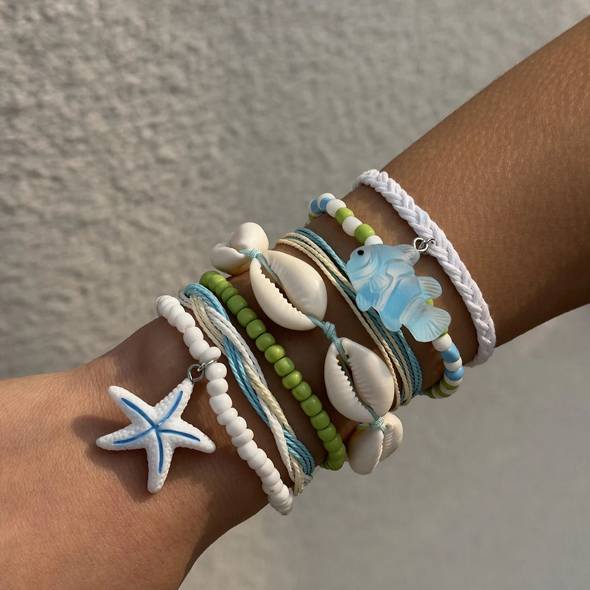 Tocona Bohemian Resort Style Shell Beaded Weaving Bracelet Beach Style Starfish Rice Beads Seven Piece Set for Women 25134 - 