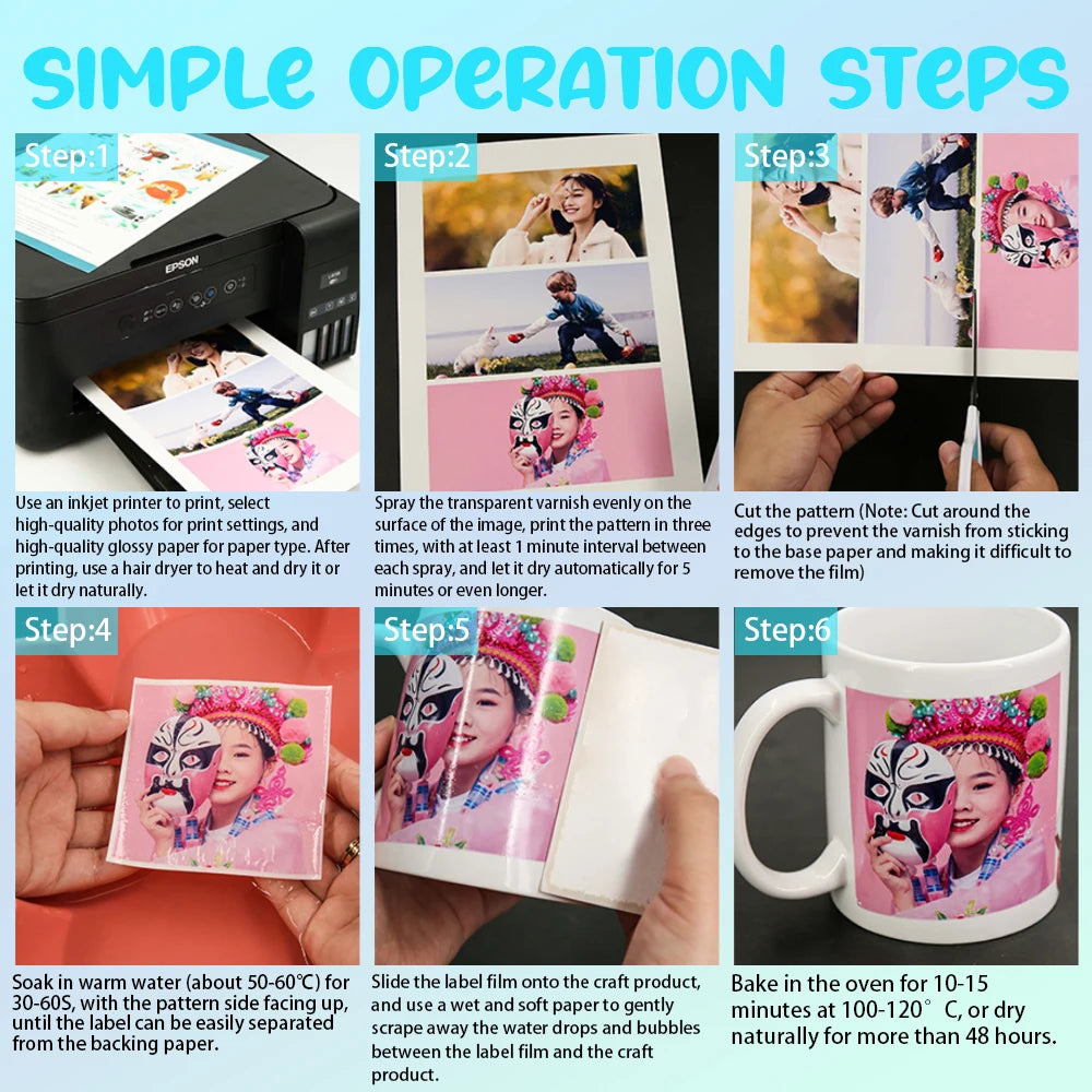 10 Sheets of A4 Inkjet Transfers - , Transparent Color, Compatible with All Inkjet Printers, Glossy Finish