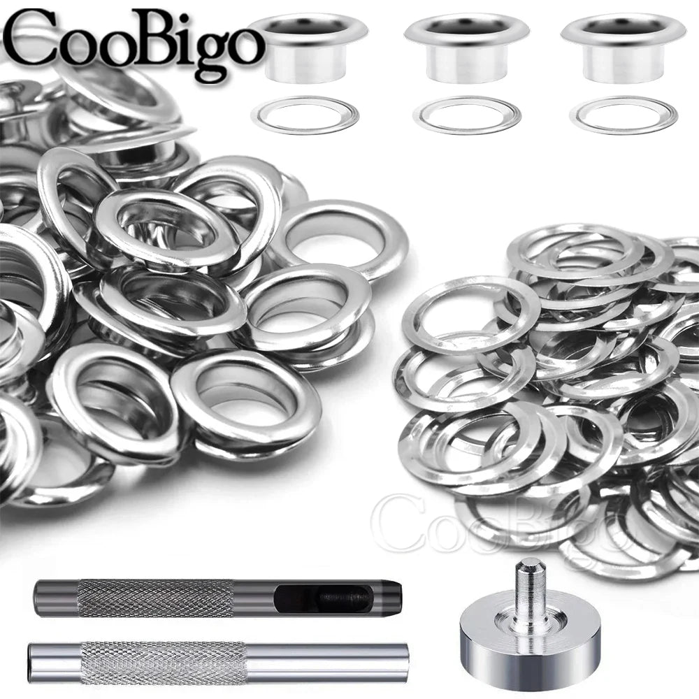 100sets Silver Metal Eyelets and Eyelet Punch Die Tool Set for Leathercraft Clothing Shoes Belt Bag Grommet Banner 2mm-17mm
