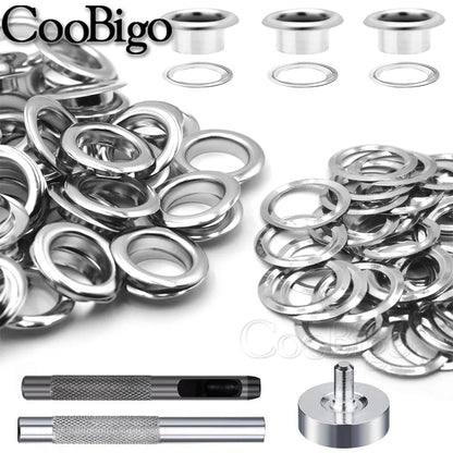 100sets Silver Metal Eyelets and Eyelet Punch Die Tool Set for Leathercraft Clothing Shoes Belt Bag Grommet Banner 2mm-17mm