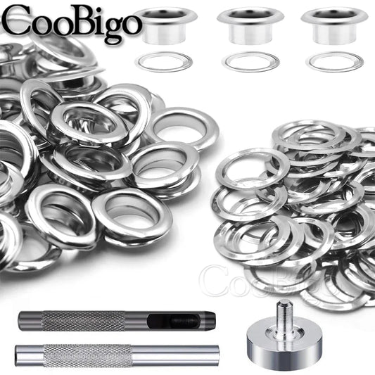 100sets Silver Metal Eyelets and Eyelet Punch Die Tool Set for Leathercraft Clothing Shoes Belt Bag Grommet Banner 2mm-17mm