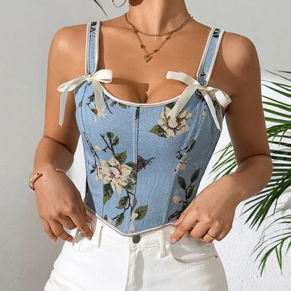 Sexy French Floral Print Bra Top Retro Double Strap Chest Support Body Shapewear Vintage Corset